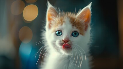 Wall Mural - An adorable white and red kitten stares at you, its blue eyes shining. It licks its lips, looking hungry