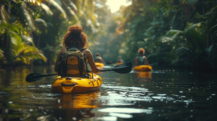 A group of kayakers navigate through a lush tropical river, surrounded by dense greenery and tranquil water, enjoying an adventurous outdoor activity.