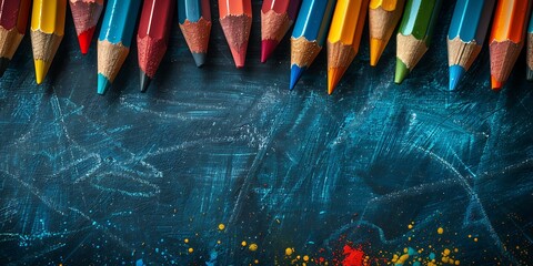 Colorful pencils on a blue artistic background