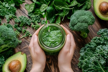 Wall Mural - Healthy Green Smoothie in Jar with Fresh Spinach, Kale, and Avocado on Wooden Kitchen Counter