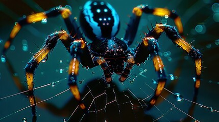 Wall Mural - a detailed photo of a spider with droplets on its back legs and a facial expression in the center of