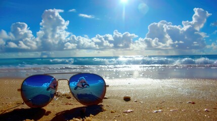 Wall Mural - A pair of eyewear rests on a sandy beach by the ocean, surrounded by water and marine biology. The wind waves gently as beachgoers enjoy leisurely activities nearby AIG50