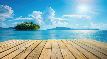 Wooden table on the background of the sea, island and the blue sky