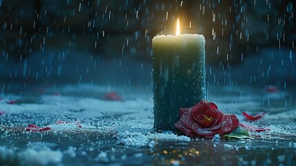 Wall Mural -   A snow-surrounded candle with a nearby rose and droplets of water