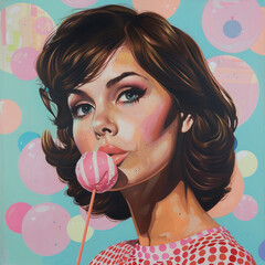 Wall Mural - Vintage retro style  fashion photoshoot. Beautiful model, elaborate outfit, makeup and bubble gum. Square frame