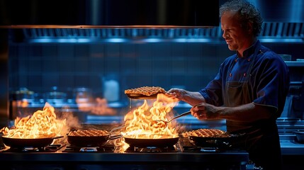 Wall Mural -   A man cooks waffles on a grill in a kitchen with flames behind him