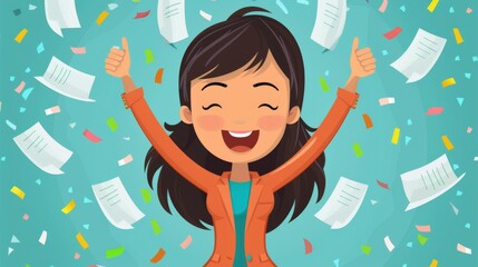 Successful woman celebrating: Female in business attire celebrating success, throwing papers in the air and raising arms in joy. Character. Cartoon, Illustration.