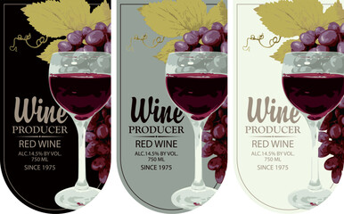 Wall Mural - set wine labels with realistic bunches of delicious red grapes and wine glass on black, white and silver backgrounds. Vector illustration. Collection of quality wines