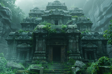 Poster - An ancient temple surrounded by lush greenery, highlighting history. Concept of preservation and spirituality. Generative Ai.