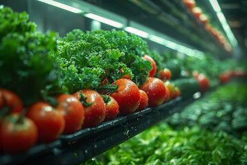 Wall Mural - A hydroponic system growing vegetables indoors, showcasing modern agriculture. Concept of efficient food production and innovation. Generative Ai.