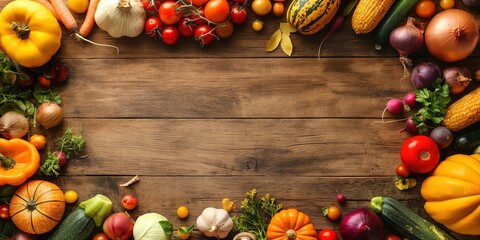 Wall Mural - A vibrant assortment of autumn vegetables including pumpkins, tomatoes, onions, and zucchini framing a rustic wooden background. Perfect for seasonal themes and harvest displays.