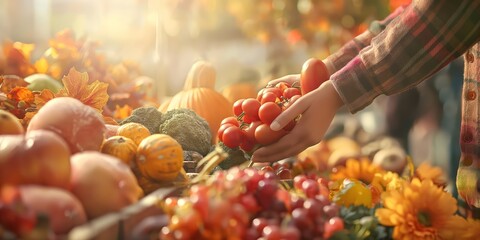 Vendor arranging autumn vegetables at a market
