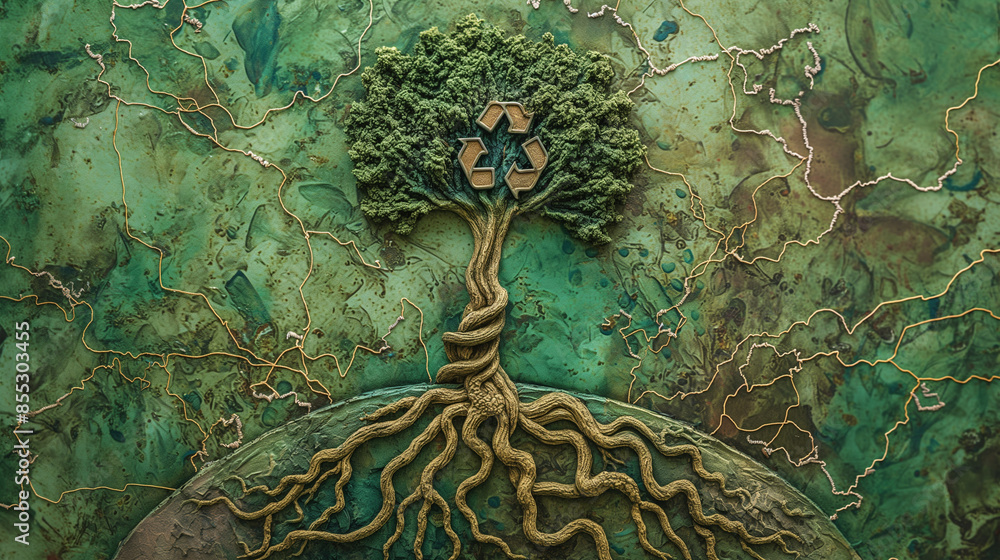 See the intricate design of a tree with a recycling logo at its roots ...