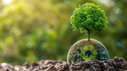 Capture the powerful imagery of a tree emerging from a globe adorned with a recycling logo, the green Earth background reflecting the unity in combating climate change.