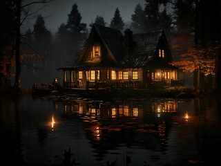 Wall Mural - A cozy cabin with warm lights reflecting on a calm lake