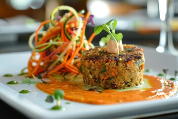 Gourmet Raw Food Entree with Nut and Vegetable Patty, Spiralized Vegetables, and Vibrant Sauces