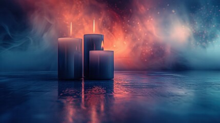 Wall Mural -   A trio of flickering candles resting on a table beneath a star-and-cloud-studded sky