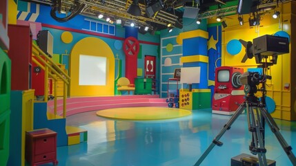 This image shows a colorful studio set with a camera on a tripod. The set is designed for childrens programming and features bright colors, playful shapes, and various props.