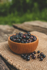 Wall Mural - Black currant in a wooden bowl on nature