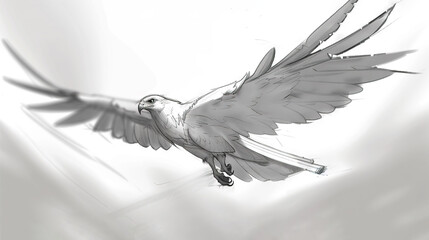 Wall Mural -   A black-and-white photograph captures a bird soaring through the sky with its wings fully extended