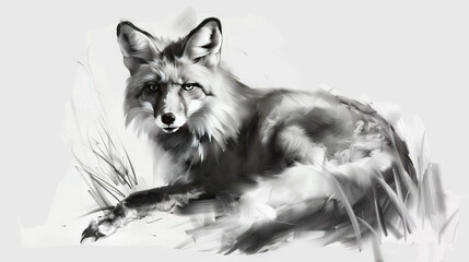 Wall Mural -  Black & white photo of a fox lying down with its head turned