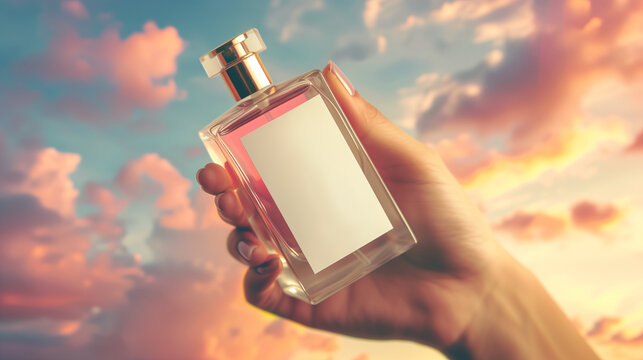 Perfume bottle in hand mockup with white blank label on beautiful background for branding product presentation