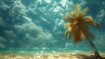 A palm tree is standing in the ocean with a cloudy sky in the background