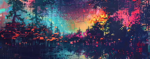Glitch Art Landscape with Neon Forest and Digital Overlay