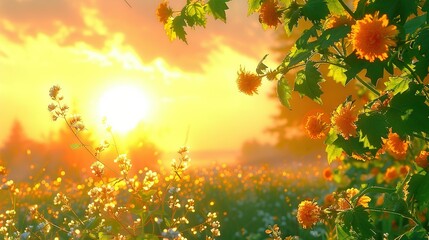 Wall Mural -   The sun sets over a field of wildflowers in the foreground