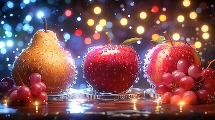 Wall Mural -   Three apples, two pears, and some grapes are on a table with water droplets and Bokeh lights in the background