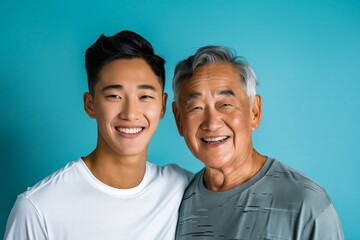 Sticker - Asian man and his grandfather posing for a photo.