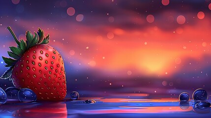 Wall Mural -   Red strawberry sits on water; red-blue sky, sun sets behind