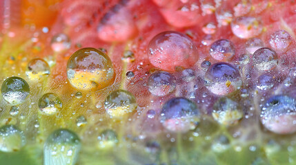 Wall Mural -   A close-up photo of water droplets on a colorful background with a black edge
