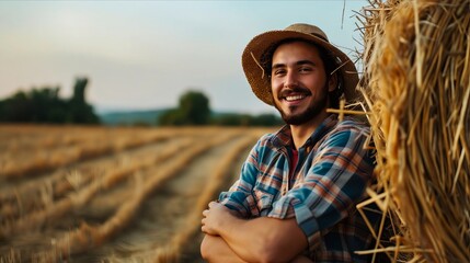 Wall Mural - Smiling man in a straw hat leaning against a hay bale.