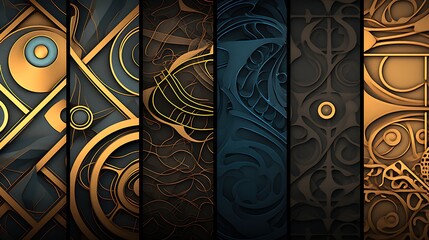 Wall Mural - abstract background with a variety of geometric shapes and patterns. the colors are gold, black, and