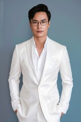 Wall Mural - A man in white suit and glasses posing for a photo.