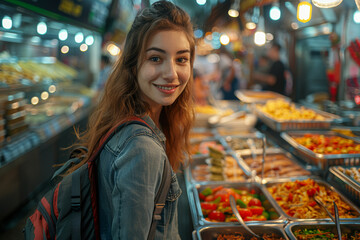 Wall Mural - A traveler exploring a bustling market, tasting exotic street food. Concept of culinary exploration and local culture. Generative Ai.