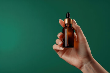 Wall Mural - woman's hand holding premium amber glass dropper bottle ideal for skincare and essential oils. gener