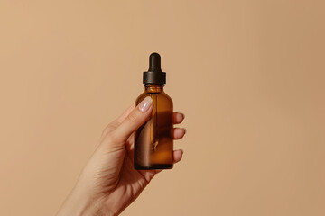 Wall Mural - hand holding a dropper bottle, perfect for skincare or essential oils marketing. soft beige backdrop
