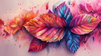 Wall Mural -   A vibrant artwork depicting multi-colored foliage against a backdrop of soft pink and deep blue, with a bold streak of paint on the left side