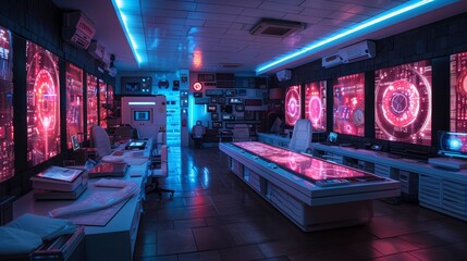Futuristic control room with pink and blue lighting, white table with glowing pink surface, and monitors showing complex patterns.