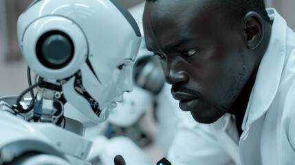 A close-up shot of a white robot and a man in a laboratory setting, showcasing the interaction between human and artificial intelligence