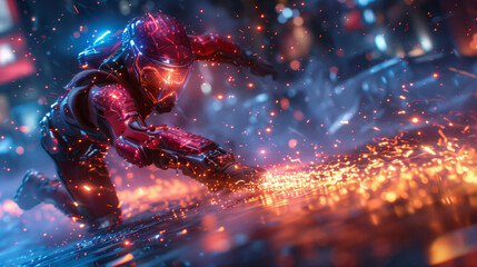 A cyborg soldier, clad in red and blue armor, battles in a futuristic city at night, sparks flying from their weapon.