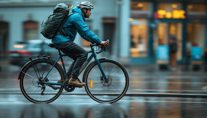 A cyclist wearing a blue raincoat is captured in motion while biking on a wet city street