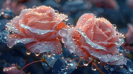   A bed of blue and pink flowers adorned with water droplets, with two roses sitting atop