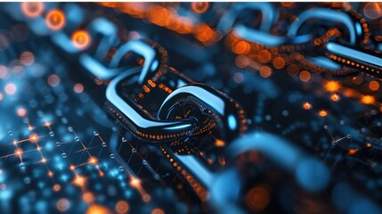 A close-up of a shiny metal chain, illuminated by an abstract backdrop of glowing lines and bokeh lights.