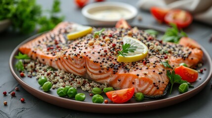 Wall Mural -   A close-up of a plate with salmon and veggies, served on a table beside a bowl of sauce