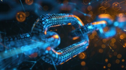 A close-up of a glowing blue chain link with binary code on the surface, positioned within a network of interconnected dots.