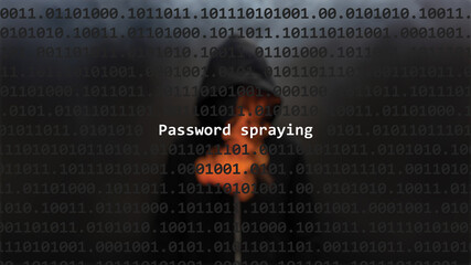 cyber attack password spraying text in foreground screen, anonymous hacker hidden with hoodie in the