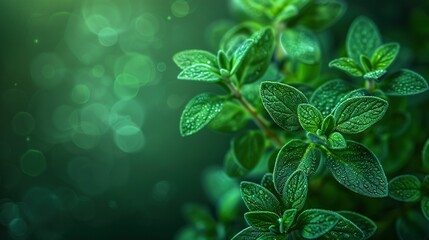 Wall Mural -   A green, leafy plant with water droplets on its leaves and a blurry background